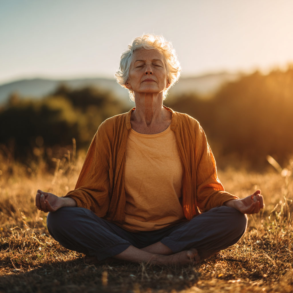 Peaceful elderly European woman practicing yoga in a serene natural setting, sitting in meditation pose with gentle sunlight