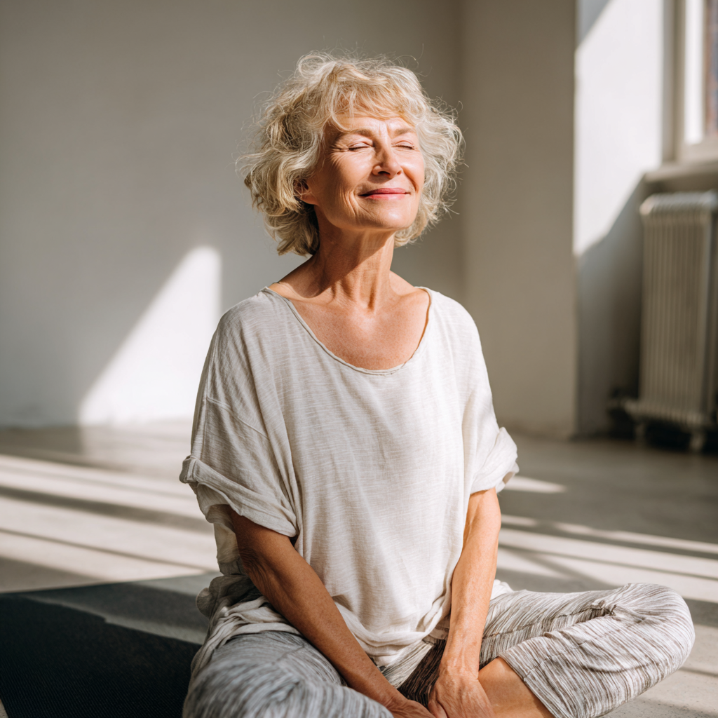Calm elderly European man practicing breathing exercises outdoors, demonstrating proper posture with peaceful expression