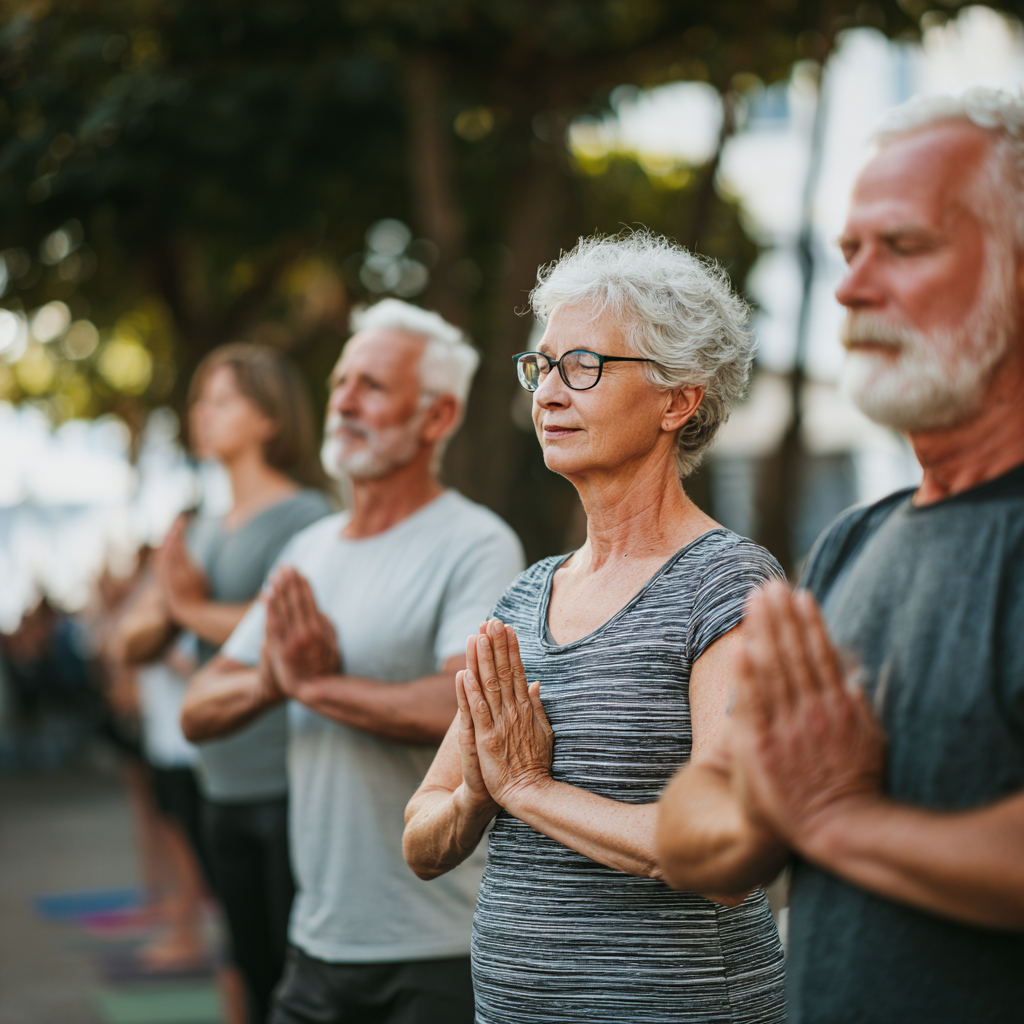 Serene elderly European couple practicing yoga together in a peaceful garden setting, demonstrating harmony and mindfulness